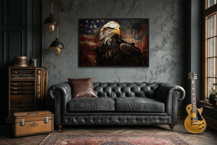 American Bald Eagle With USA Flag Background Canvas Wall Art