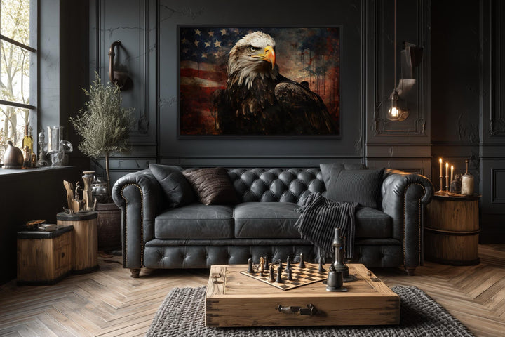 American Bald Eagle With USA Flag Background Canvas Wall Art