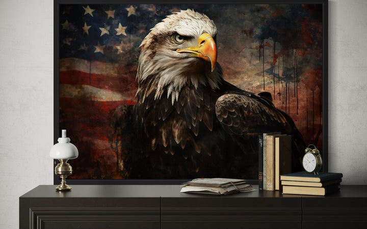 American Bald Eagle With USA Flag Background Canvas Wall Art