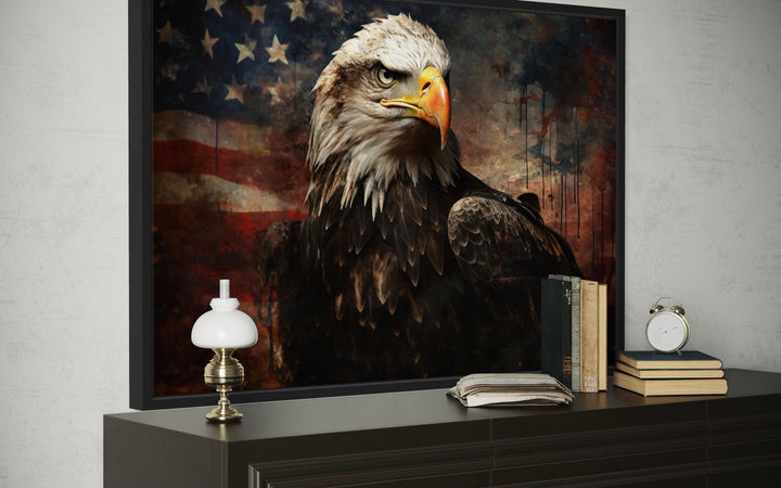 American Bald Eagle With USA Flag Background Canvas Wall Art