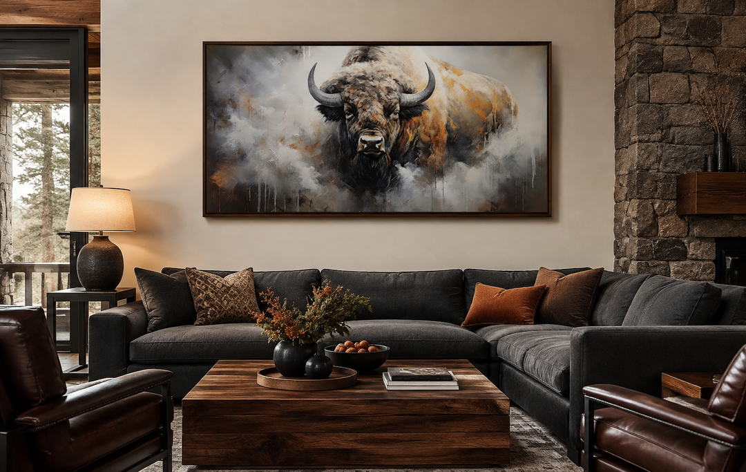 American bison abstract dripping paint framed canvas wall art above a sofa in a rustic living room.