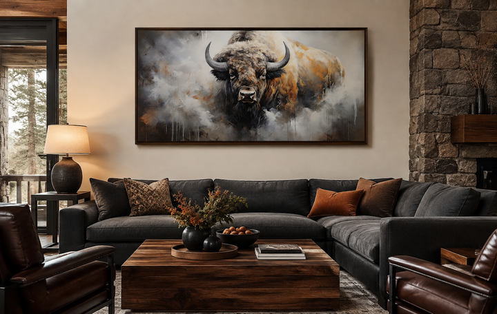 American bison abstract dripping paint framed canvas wall art above a sofa in a rustic living room.