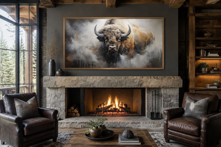 Framed abstract American bison canvas wall art with dripping paint above a stone fireplace.