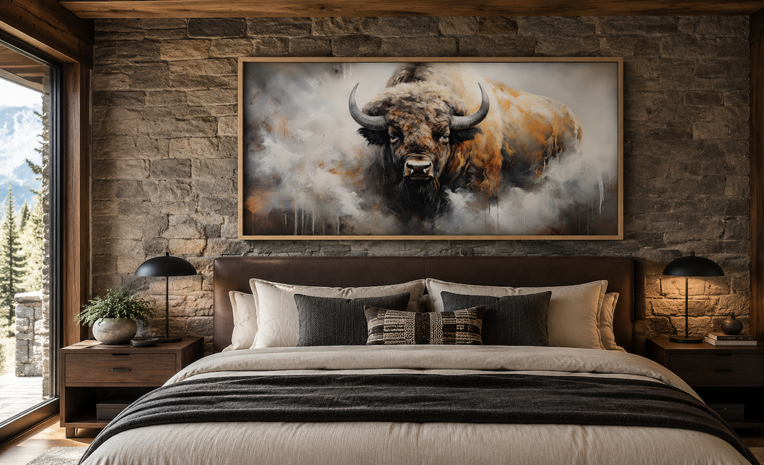 American bison abstract dripping paint framed canvas wall art hanging above a bed in a rustic room.