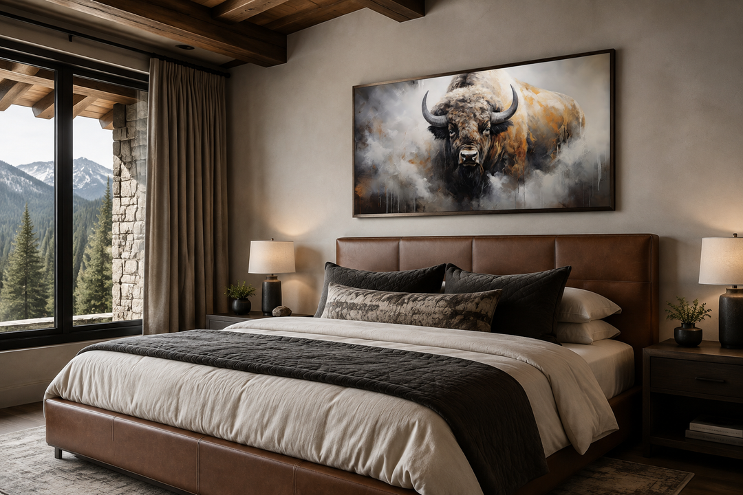 American bison abstract dripping paint framed canvas wall art hanging above a bed in a cabin.