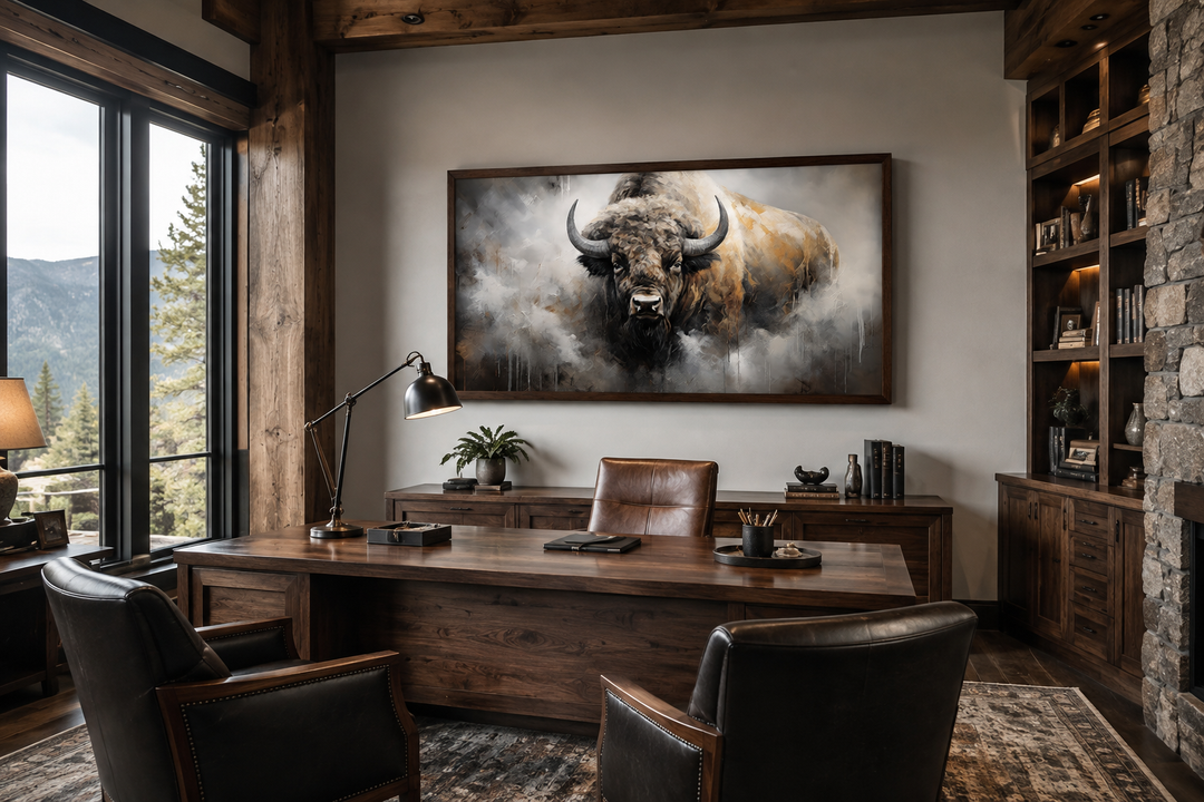 American bison abstract dripping paint framed canvas wall art in a rustic home office setting.