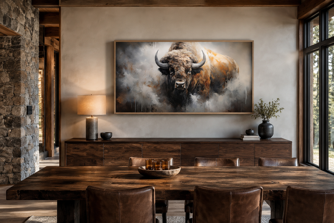 Framed abstract American bison canvas wall art with dripping paint above a rustic wooden sideboard.