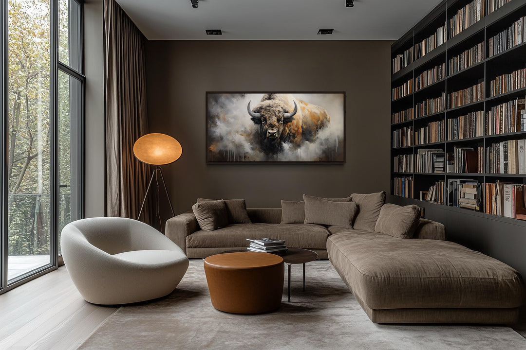 American bison abstract dripping paint framed canvas wall art in a modern living room.
