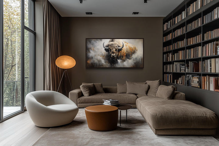 American bison abstract dripping paint framed canvas wall art in a modern living room.