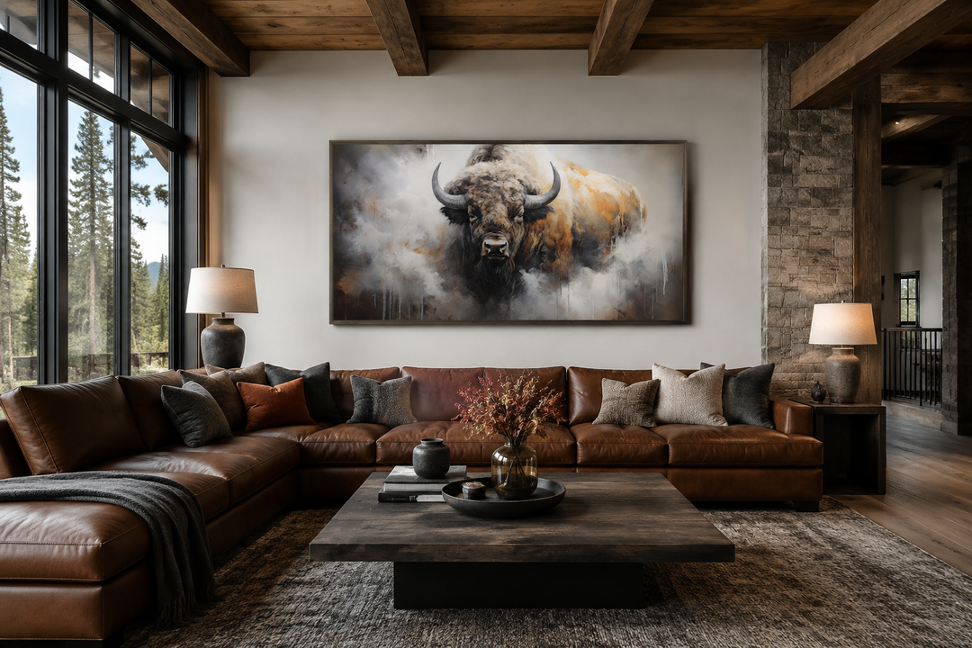 Framed canvas wall art of an American bison in an abstract dripping paint style above a brown sofa.