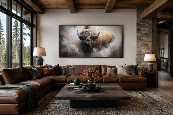 Framed canvas wall art of an American bison in an abstract dripping paint style above a brown sofa.