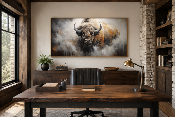 Framed canvas wall art of an American bison in an abstract dripping paint style above a desk.