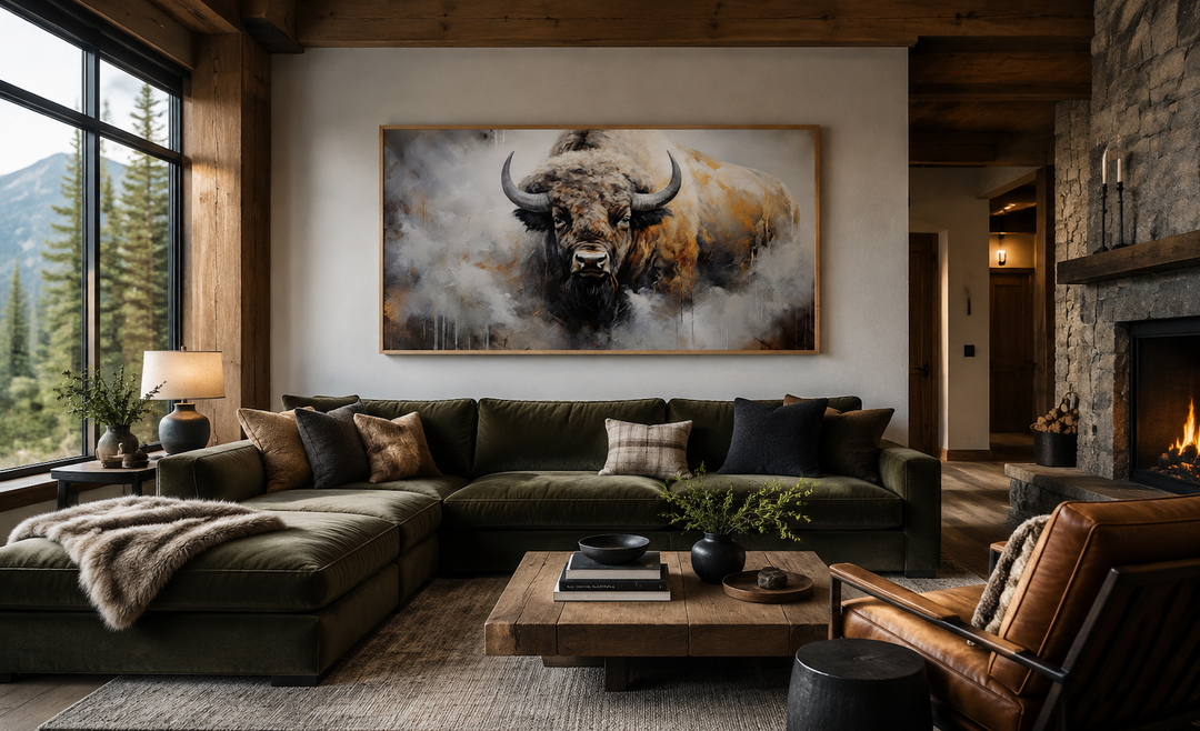 American bison abstract dripping paint framed canvas wall art above a green sectional sofa.