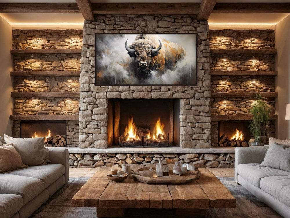 American bison abstract dripping paint framed canvas wall art hanging above a stone fireplace.