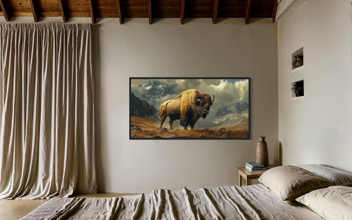 American Bison In Mountains Framed Canvas Wall Art