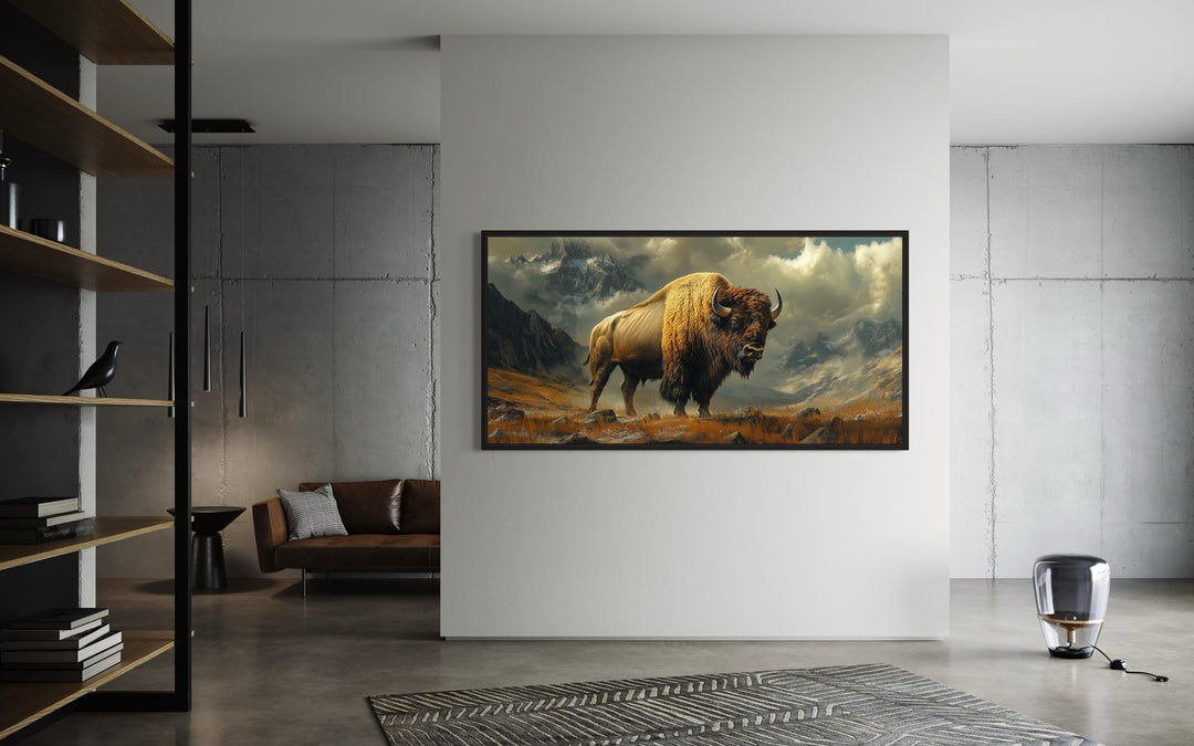 American Bison In Mountains Framed Canvas Wall Art