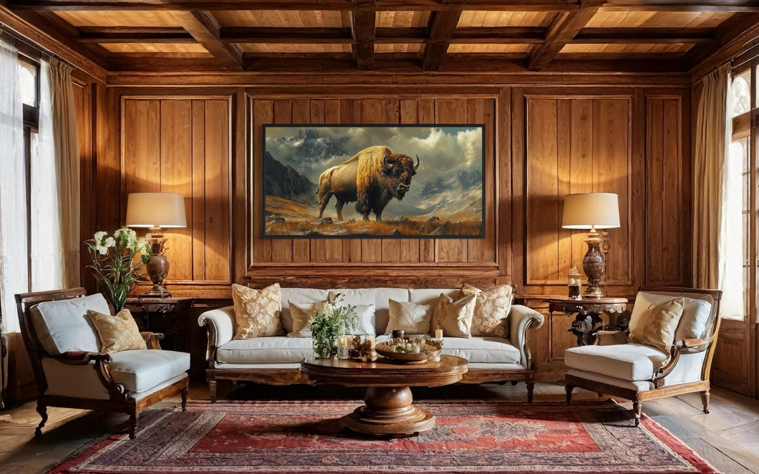 American Bison In Mountains Framed Canvas Wall Art