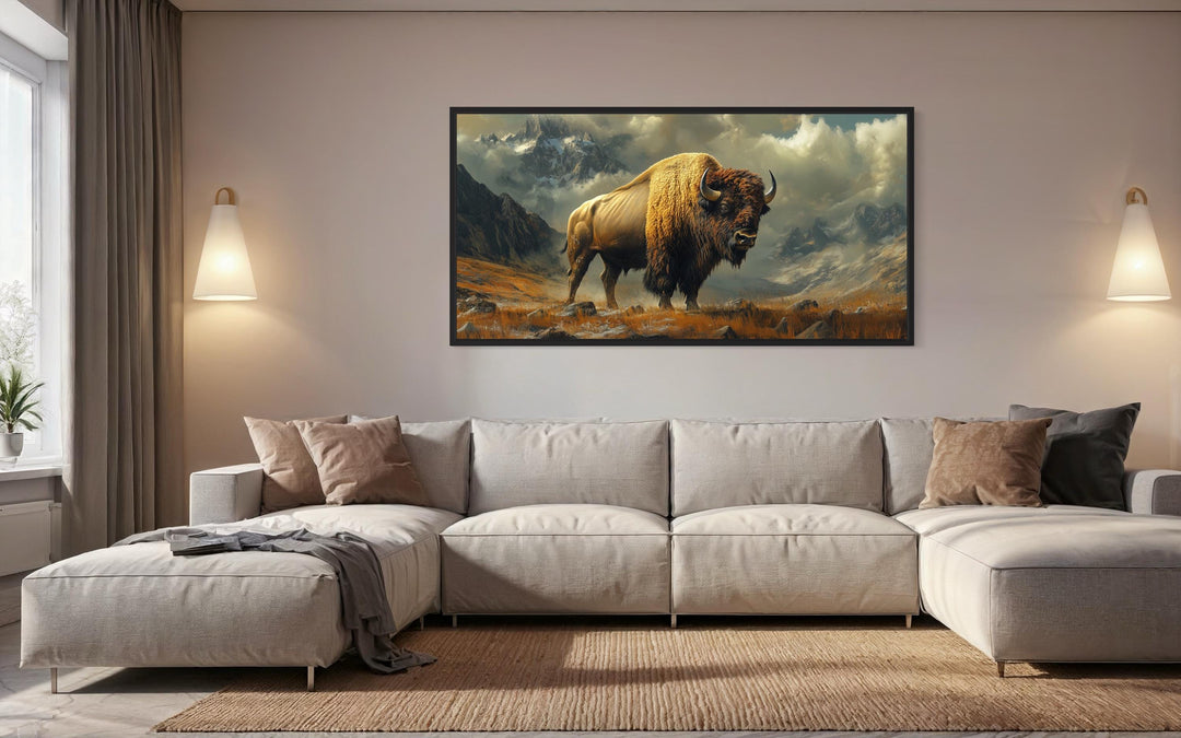 American Bison In Mountains Framed Canvas Wall Art