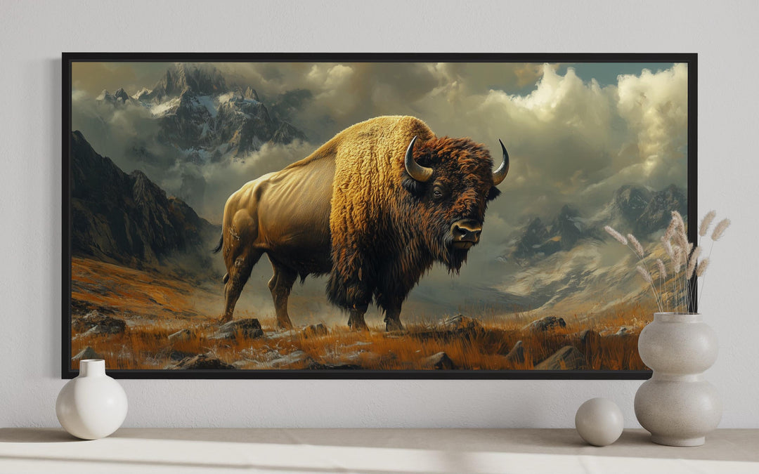 American Bison In Mountains Framed Canvas Wall Art