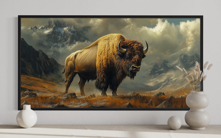 American Bison In Mountains Framed Canvas Wall Art