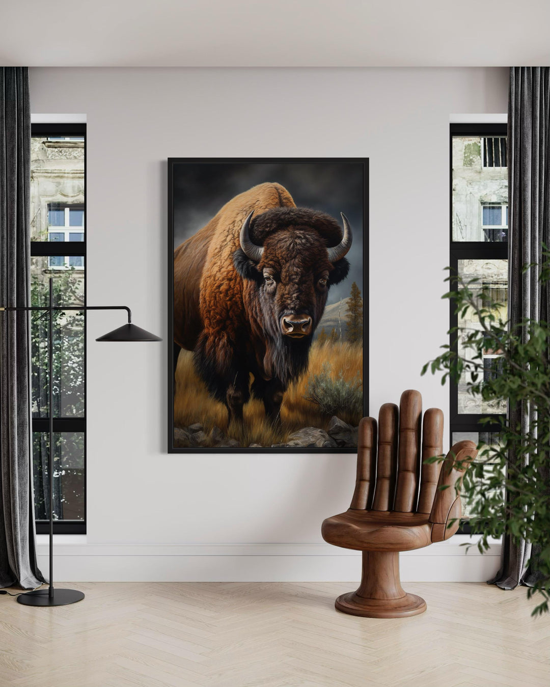 American Bison In Prairie Extra Large Canvas Wall Art in a black frame above a hand-shaped chair.