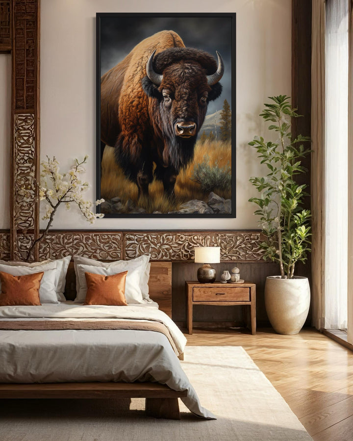 American Bison In Prairie Extra Large Canvas Wall Art