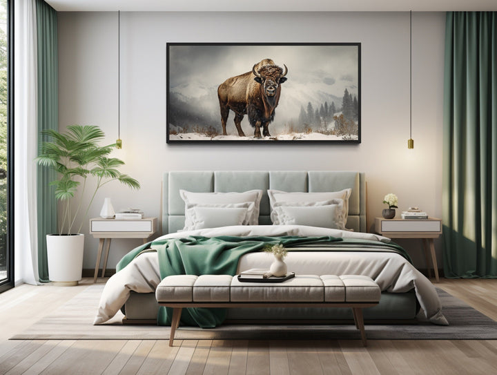 American Bison In Snow Painting Framed Man Cave Canvas Wall Art