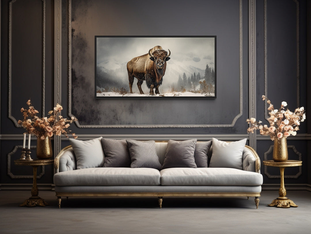 American Bison In Snow Painting Framed Man Cave Canvas Wall Art