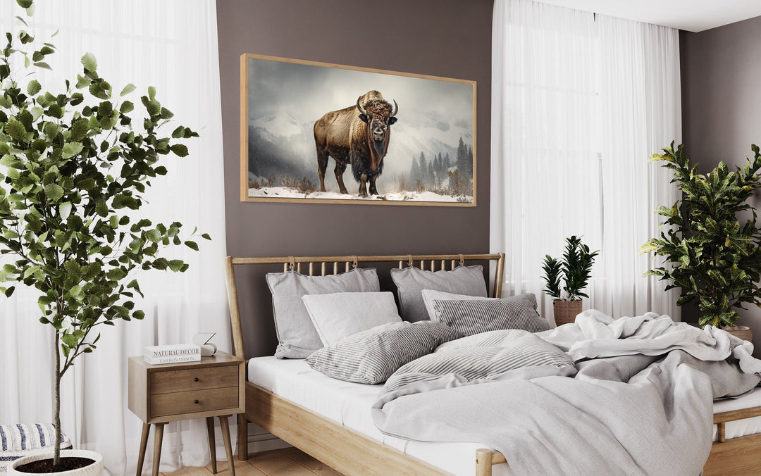 American Bison In Snow Painting Framed Man Cave Canvas Wall Art