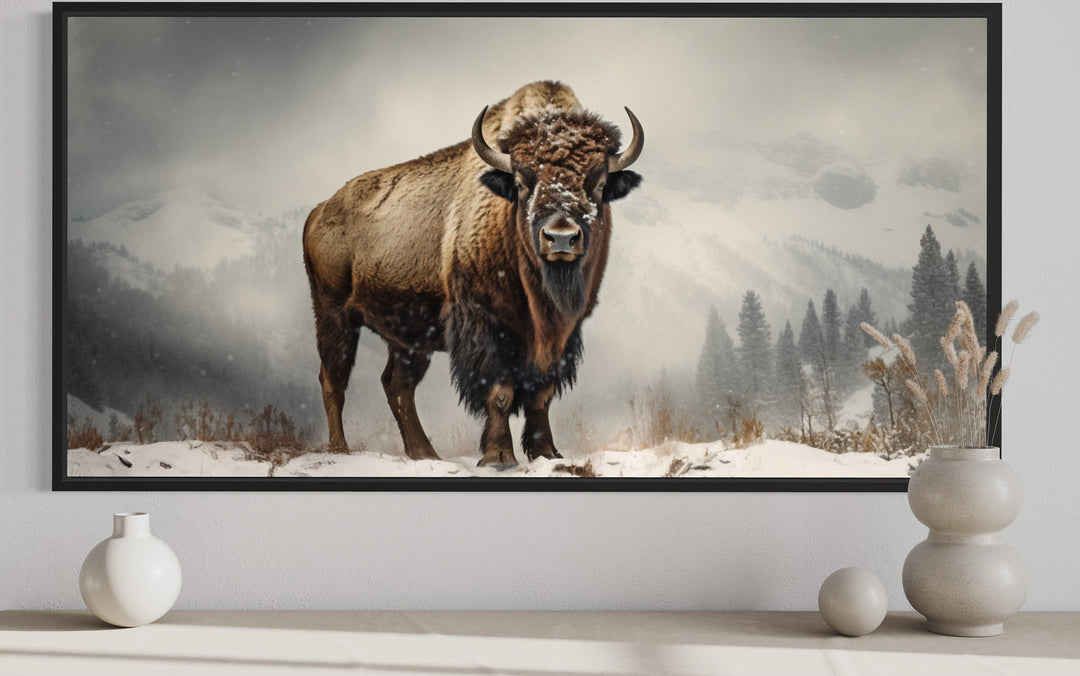 American Bison In Snow Painting Framed Man Cave Canvas Wall Art