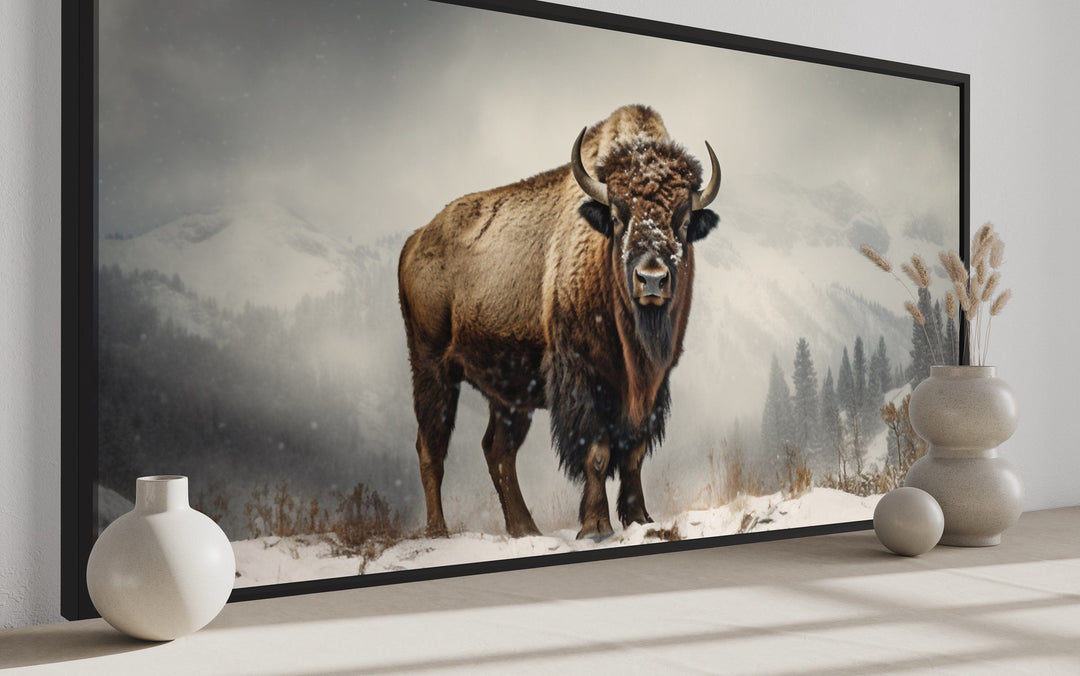 American Bison In Snow Painting Framed Man Cave Canvas Wall Art