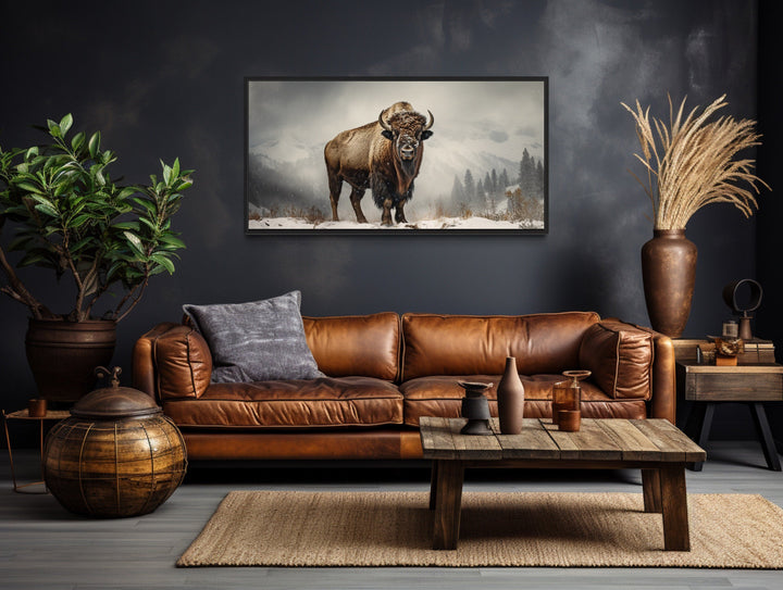 American Bison In Snow Painting Framed Man Cave Canvas Wall Art