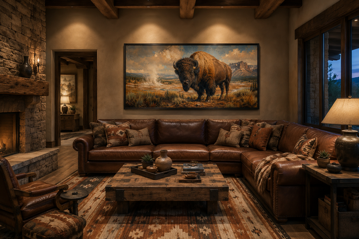 Framed canvas wall art of a bison in Yellowstone, hanging above a brown leather sectional sofa.