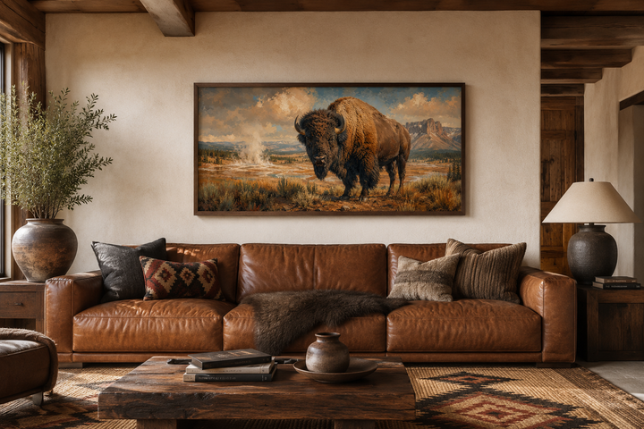Framed canvas wall art of an American bison in Yellowstone National Park above a leather sofa.