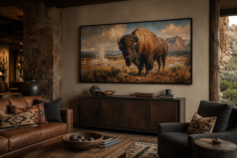 Framed canvas wall decor of a majestic American bison in a Yellowstone National Park landscape.