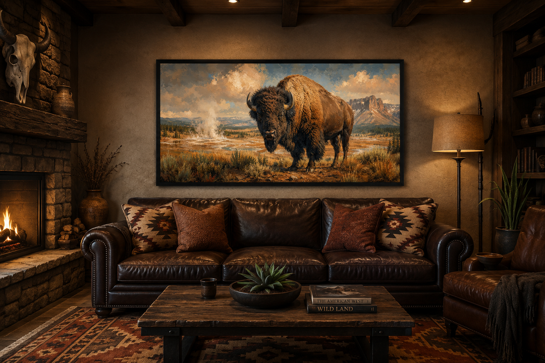 Framed canvas wall decor of an American bison in Yellowstone, hanging above a brown leather sofa.