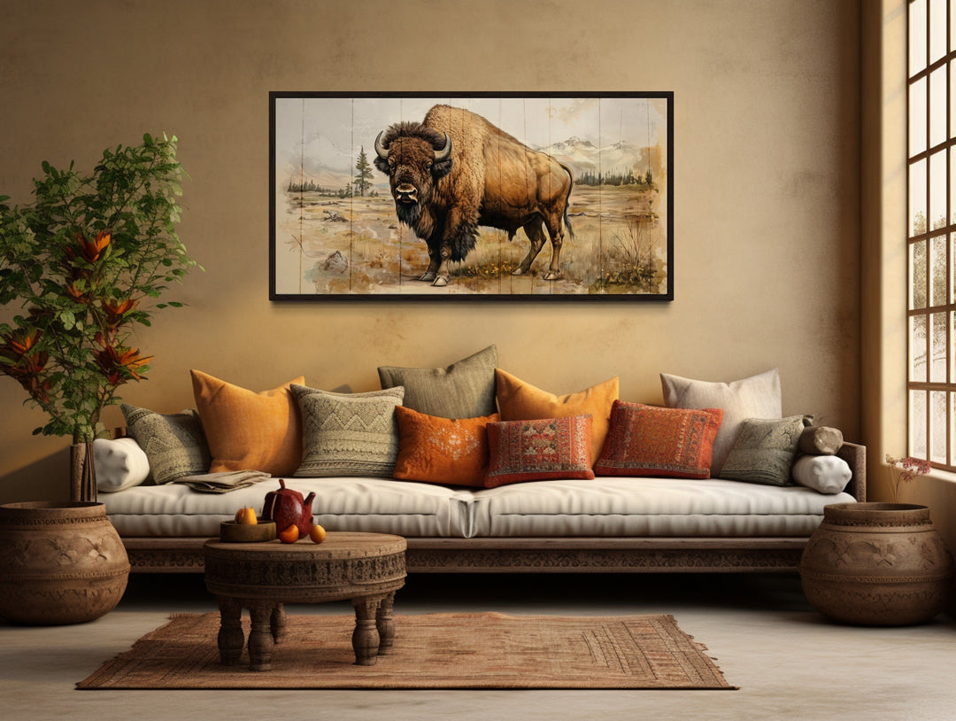 American Bison In Yellowstone National Park Framed Canvas Wall Decor