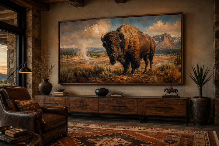 Framed canvas wall decor of a majestic American bison in a Yellowstone National Park landscape.