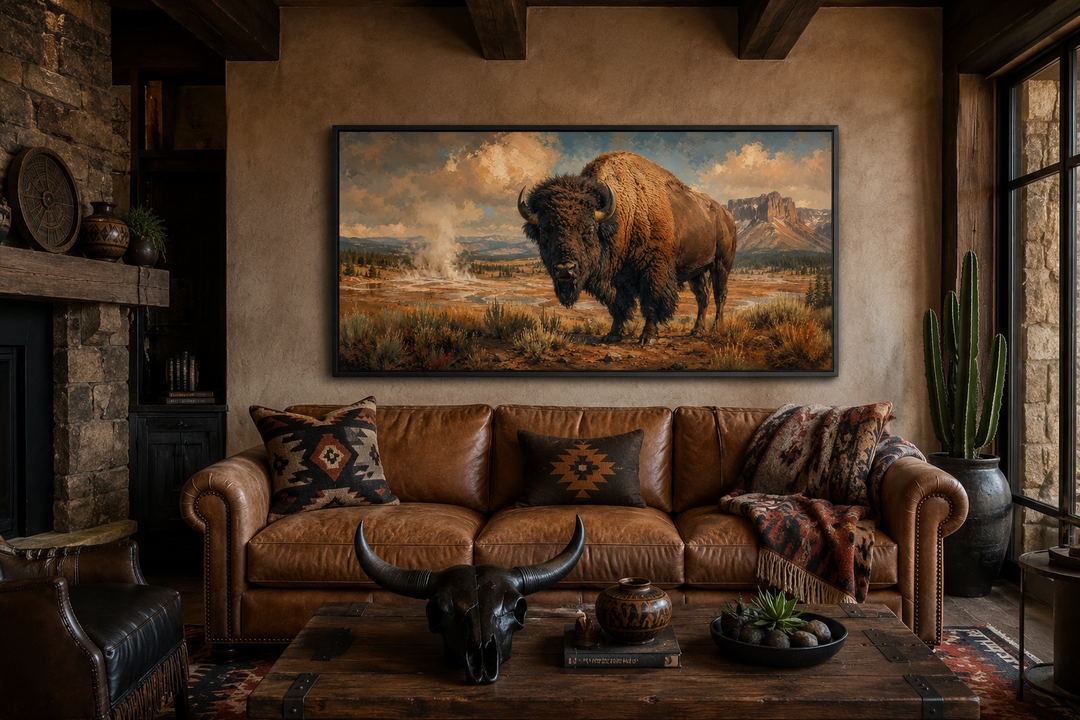 Framed canvas wall decor of an American bison in Yellowstone National Park above a leather sofa.