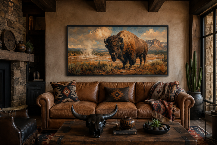 Framed canvas wall decor of an American bison in Yellowstone National Park above a leather sofa.