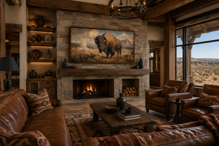 Framed canvas wall decor of an American bison in Yellowstone, hanging above a stone fireplace.