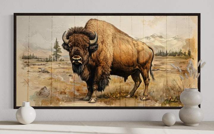 American Bison In Yellowstone National Park Framed Canvas Wall Decor