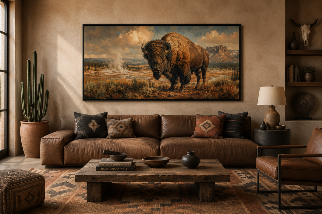 Framed canvas wall art of an American bison in Yellowstone, hung above a brown leather sofa.