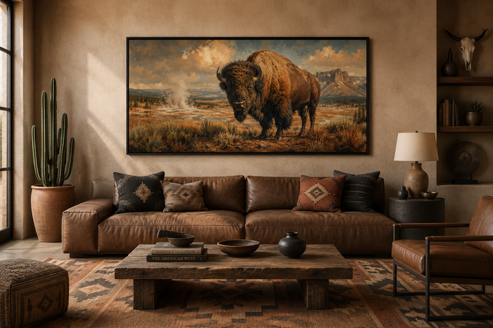 Framed canvas wall art of an American bison in Yellowstone, hung above a brown leather sofa.