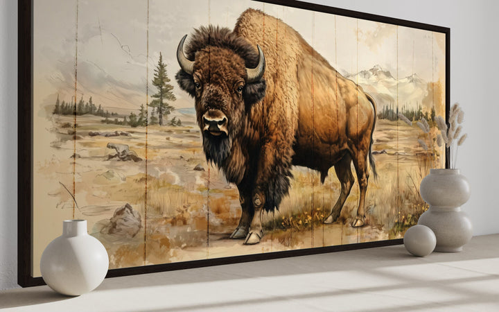 American Bison In Yellowstone National Park Framed Canvas Wall Decor