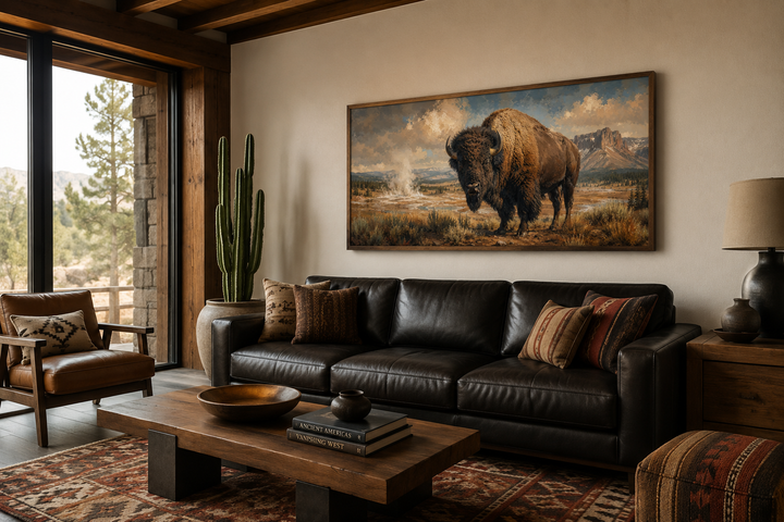 Framed canvas wall art of a bison in Yellowstone, hanging above a dark leather sofa in a rustic room.