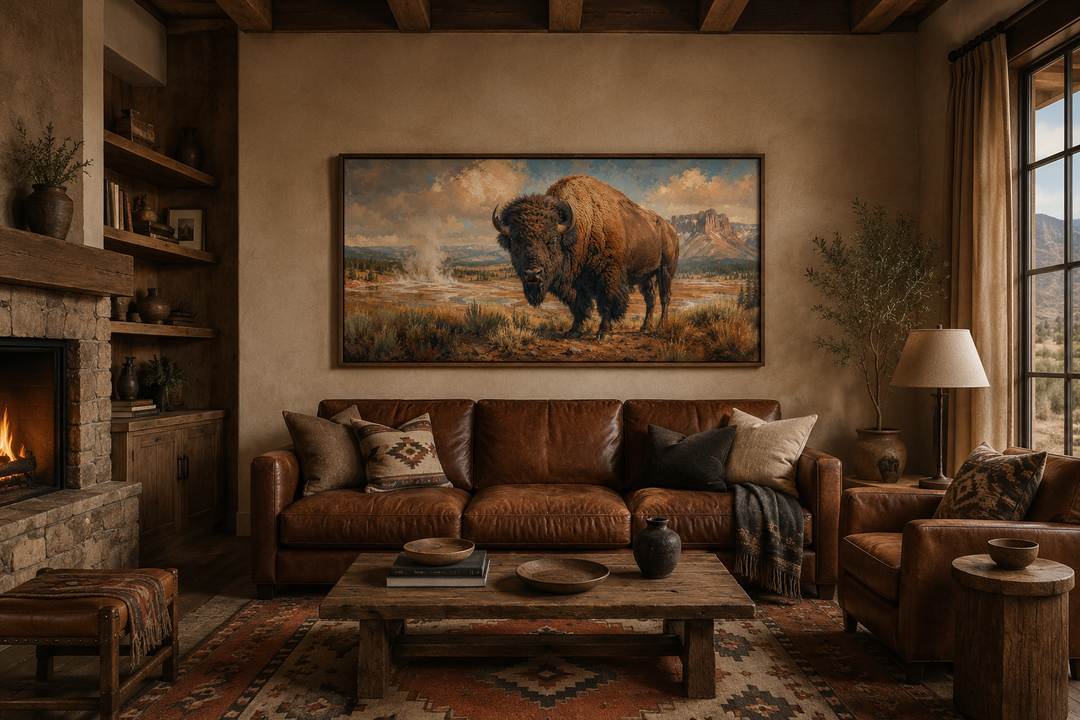 Framed canvas wall decor of an American bison in Yellowstone, hanging above a brown leather sofa.