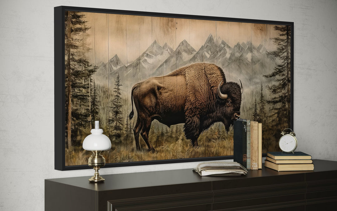 American Bison Painting - Framed Canvas Art | Rustic Wood Panel Wall Decor