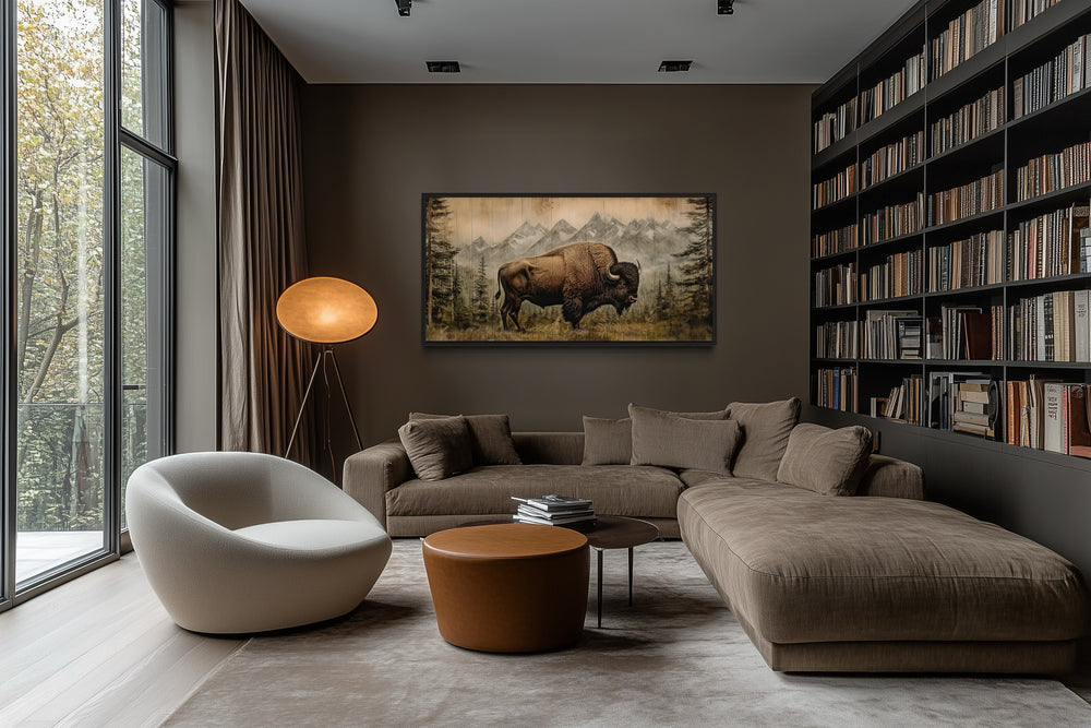 American Bison Painting - Framed Canvas Art | Rustic Wood Panel Wall Decor