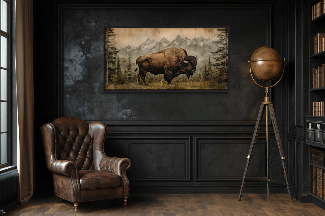 American Bison Painting - Framed Canvas Art | Rustic Wood Panel Wall Decor